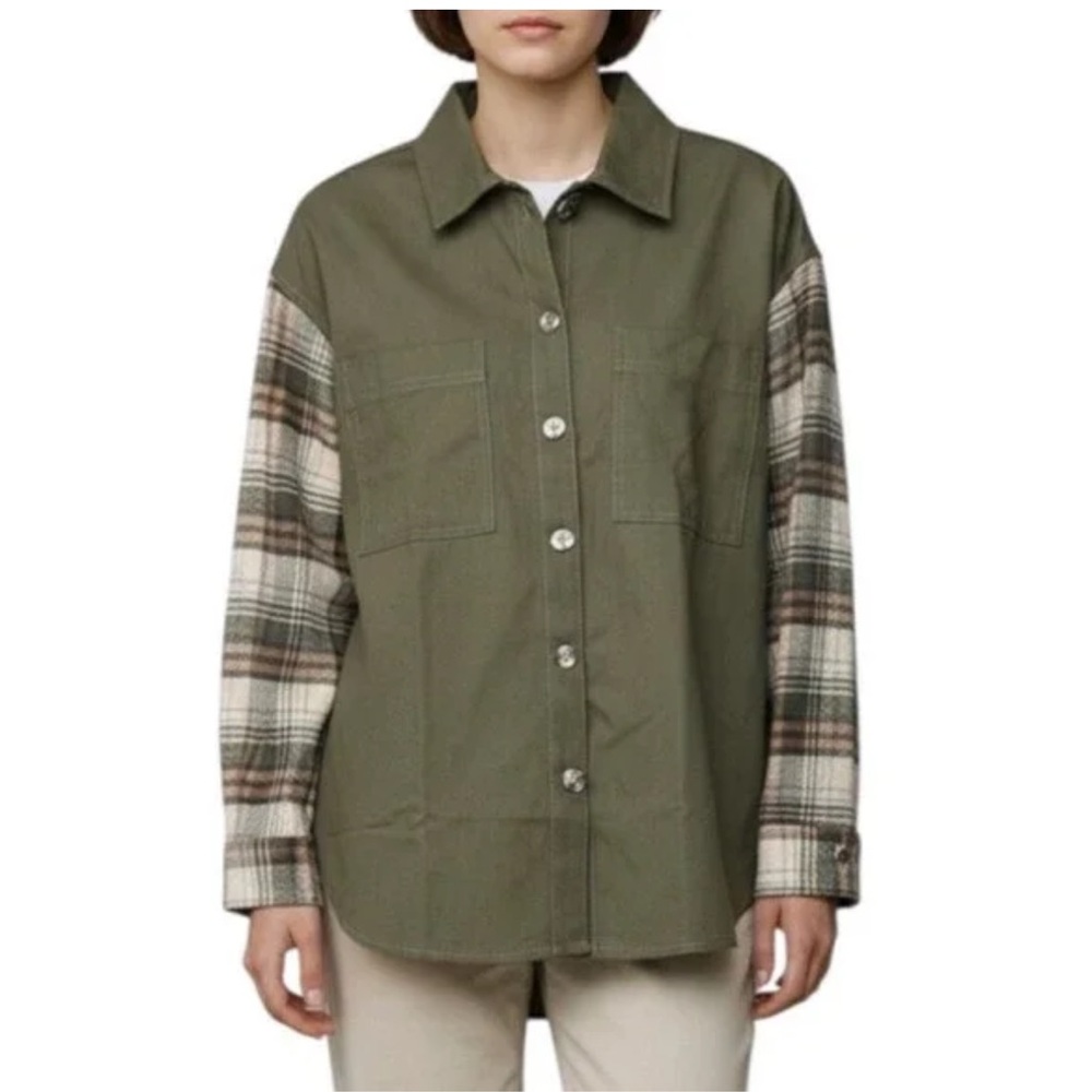 Thread & Supply Women's Button Down Shacket Top Cotton Size S Olive Tan Plaid - Picture 2 of 11
